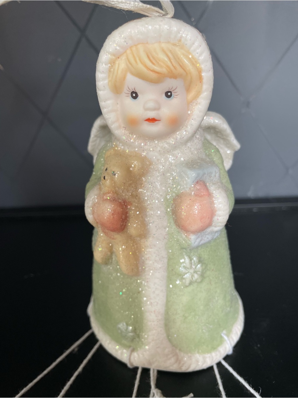 Porcelain Winter Angel Wind chime in Light Green with Teddy
